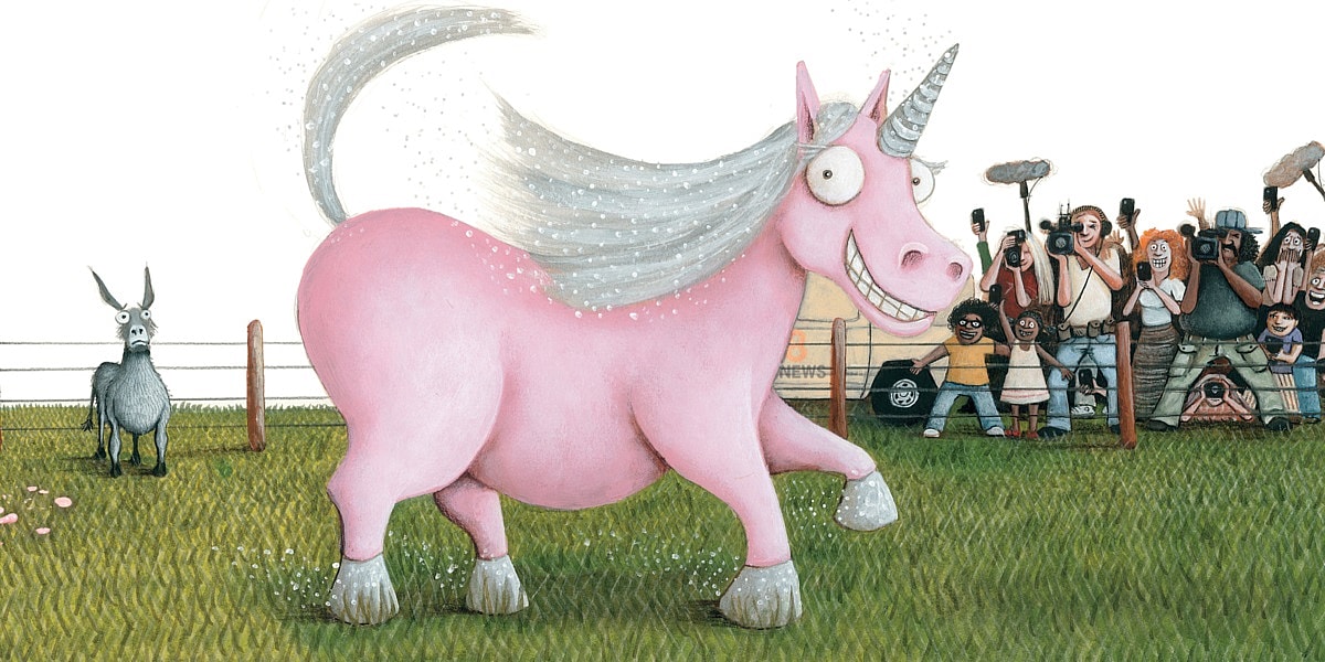 Unicorn Thelma in Thelma the Unicorn (2015), Scholastic. Words and Art by Aaron Blabey via Official Website