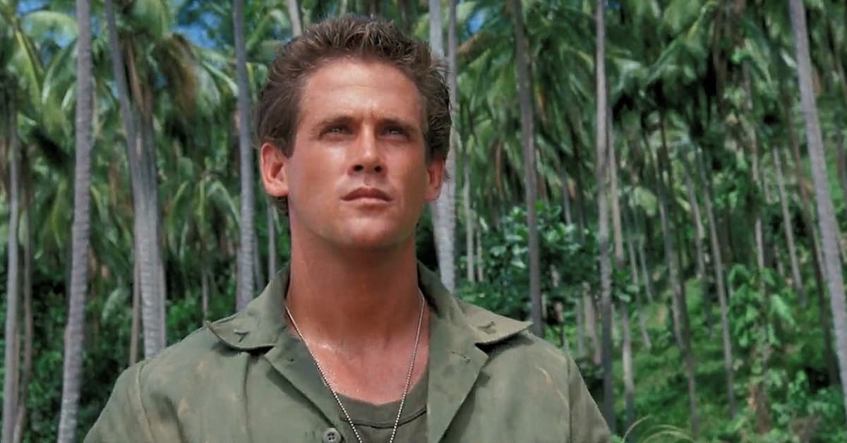 Joe Armstrong (Michael Dudikoff) stares down a ninja assassin squad in American Ninja (1985), Cannon Films