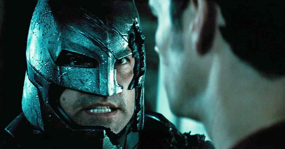 Batman (Ben Affleck) has Superman (Henry Cavill) on the ropes in Batman v Superman: Dawn of Justice: Ultimate Edition (2016), Warner Bros. Pictures