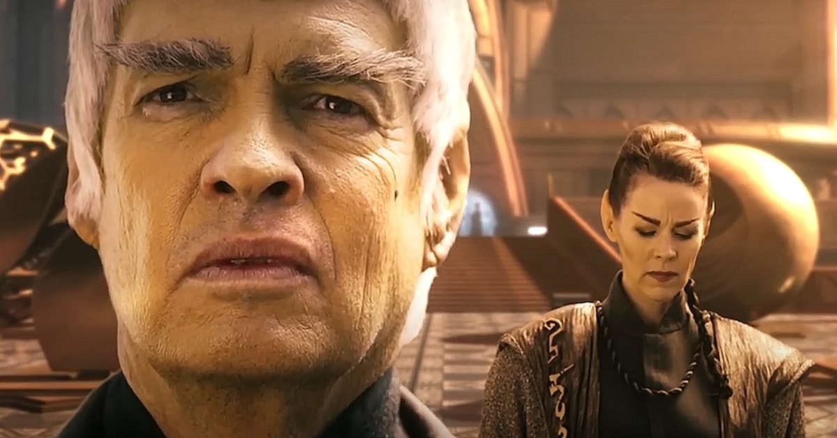 Ambassador Soval (Gary Graham) discusses the United Federation of Planets with T'Lera (Kim Fitzgerald) in the fan project Star Trek: Axanar (2022)