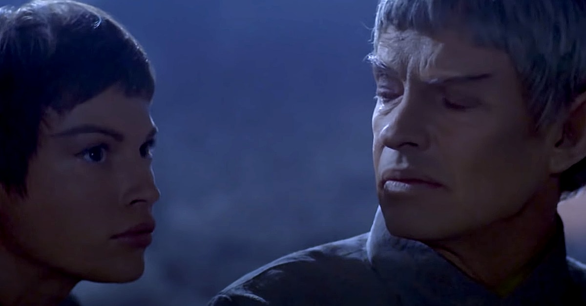 Ambassador Soval (Gary Graham) speaks with T'Pol (Jolene Blalock) about her career path in Star Trek: Enterprise (2001), Paramount  Network Television