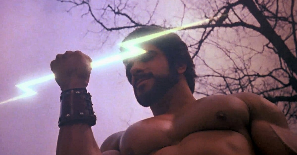 Hercules (Lou Ferrigno) retrieves one of Zeus's seven mighty thunderbolts in The Adventures of Hercules (1985), Cannon Italia