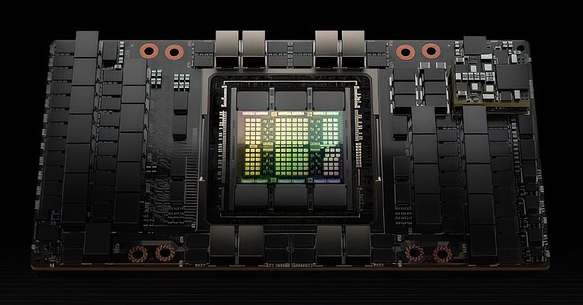 A product shot of Nvidia's H-100 data center cards, from the official website