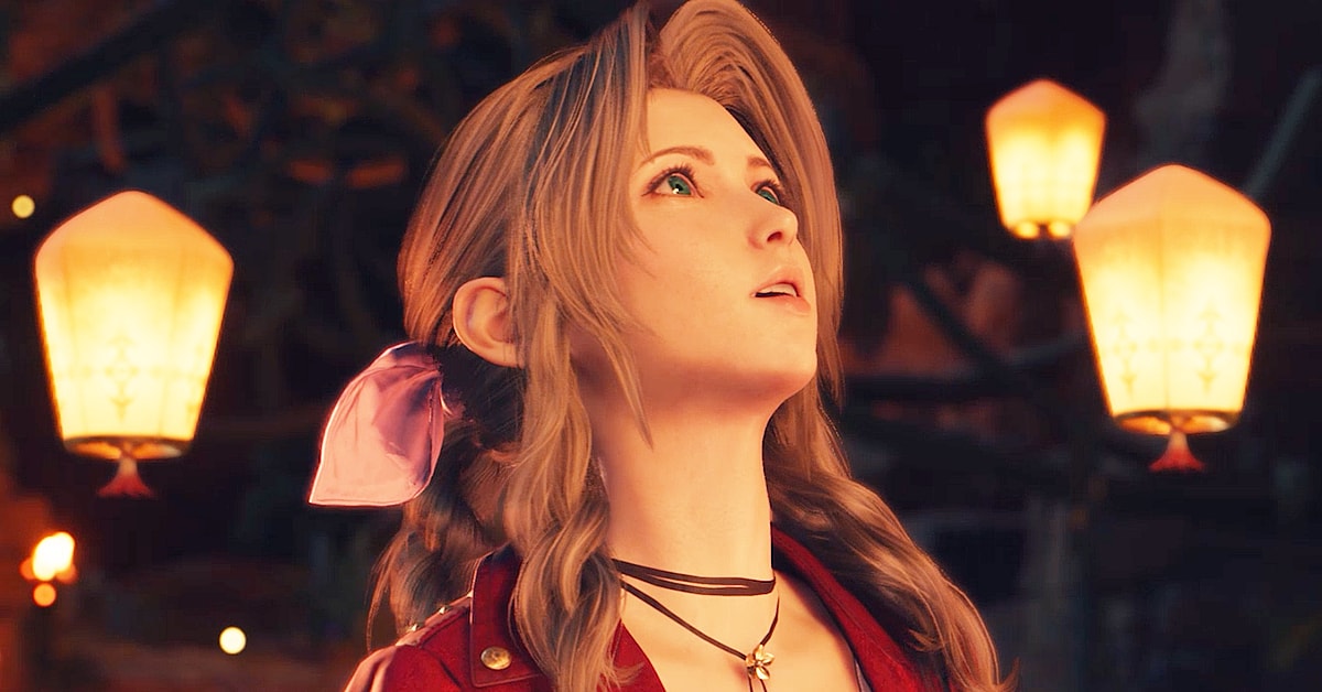 Aerith (Maaya Sakamoto) finds herself at the center of a huge sky lantern display in Final Fantasy VII Rebirth (2023), Square Enix