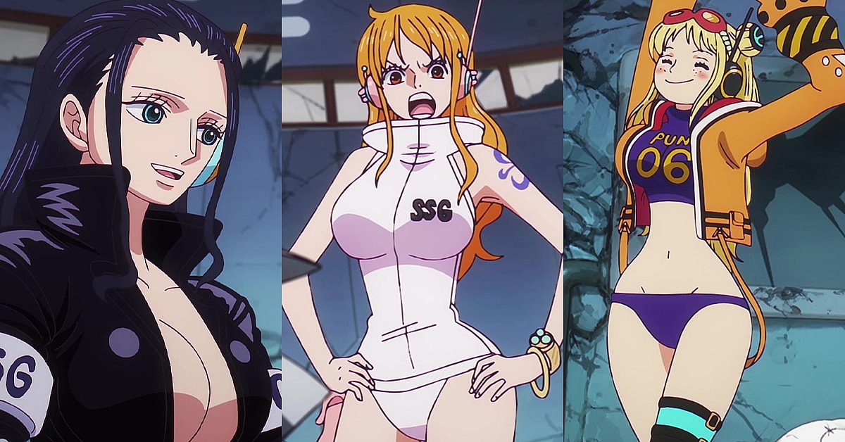 Robin (Yuirko Yamaguchi), Nami (Akemi Okamura), and  York (Mutsumi Tamura) as they appear in One Piece Episode 1107 "A Shudder! The Evil Hand Creeping Up on the Laboratory" (2024), Toei Co. Ltd.