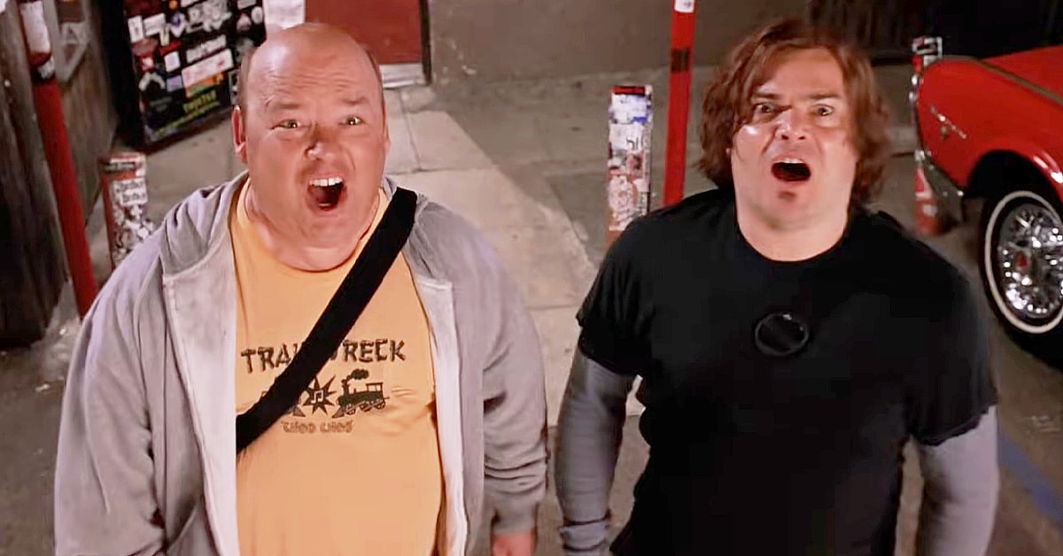 Kyle Gass and Jack Black find themselves in a rock-off against Satan (Dave Grohl) himself in Tenacious D in The Pick of Destiny (2006), New Line Cinema