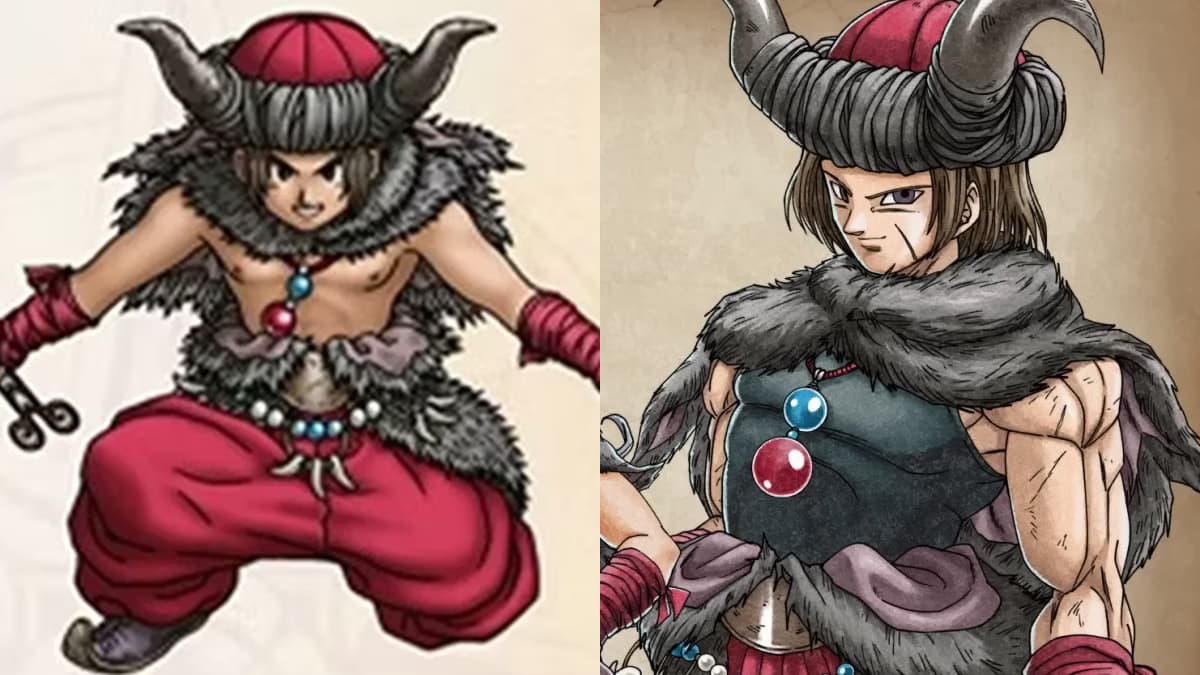 A shirtless Monster Wrangler in Dragon Quest X (2012), Square Enix / The Beast Wrangler covers up his chest in Dragon Quest III HD-2D Remake (2024), Square Enix