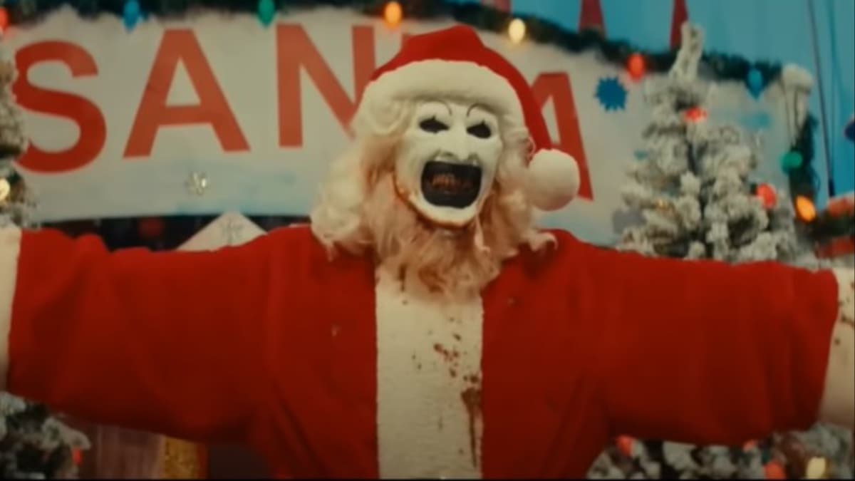 Art the clown as Santa in Terrifier 3 trailer-Cineverse 2024. Credit-Screambox