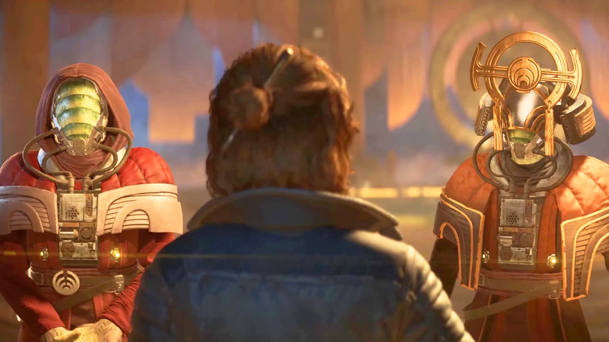 Kay Vess (Humberly González) must decide whether to give the Origin Strand to Krisk (Jessica B. Hill) or the Ashiga Queen (Warona Setshwaelo) in Star Wars Outlaws (2024), Ubisoft