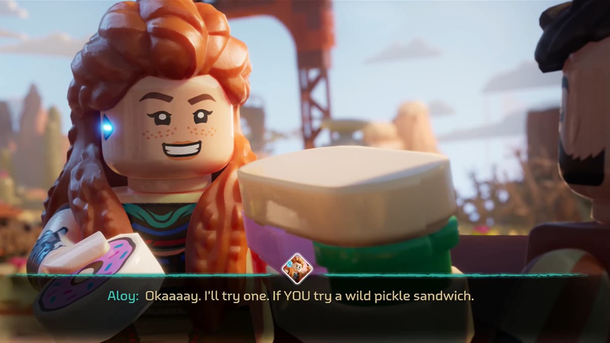 Aloy (Ashly Burch) offers Errend (John Hopkins) a pickle sandwich in LEGO Horizon Adventures (2024), Guerilla Games