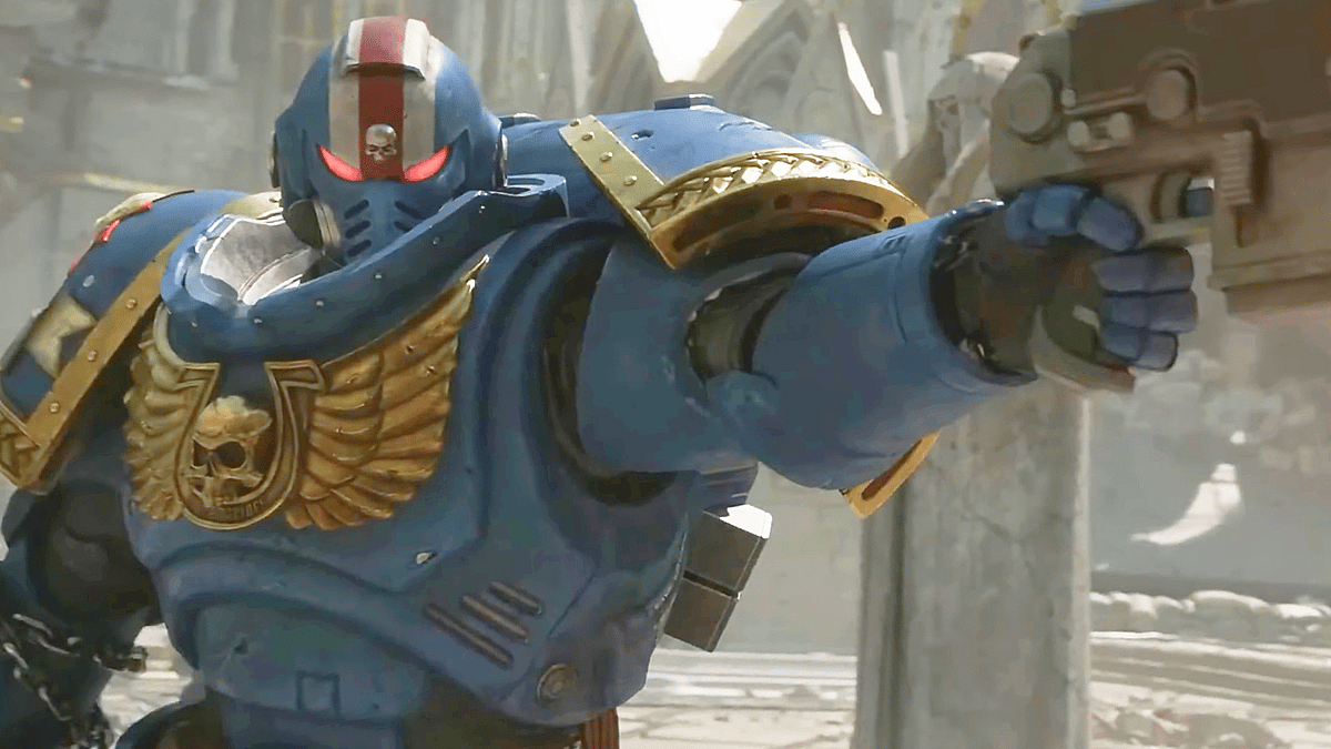 Titus (Clive Standen) draws his side arm in Warhammer 40,000: Space Marine 2 (2024), Saber Interactive