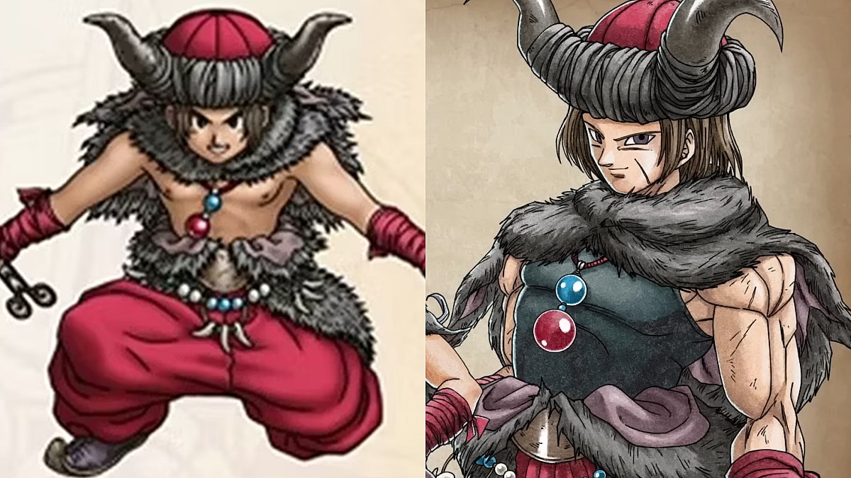 A shirtless Monster Wrangler in Dragon Quest X (2012), Square Enix / The Beast Wrangler covers up his chest in Dragon Quest III HD-2D Remake (2024), Square Enix