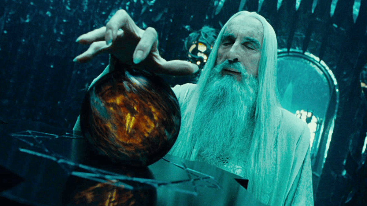 Saruman (Christopher Lee) gazes into his palantir in The Lord of the Rings: The Fellowship of the Ring Extended Edition (2002), New Line Cinema