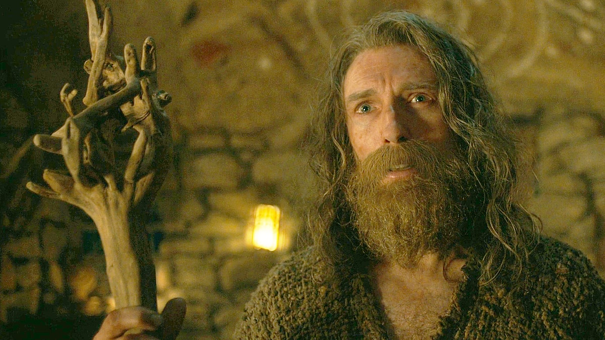 Gandalf (Daniel Weyman) pleas for the Dark Wizard (Ciarán Hinds) to stop his quest for power in The Lord of the Rings: The Rings of Power Season 2 Episode 8 "Shadow and Flame" (2024), Amazon Prime