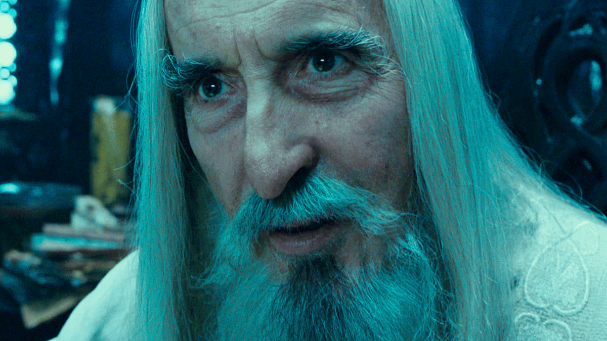 Saruman (Christopher Lee) speaks to Gandalf (Ian McKellen) about the power held by Sauron (Alan Howard) in The Lord of the Rings: The Fellowship of the Ring Extended Edition (2002), New Line Cinema
