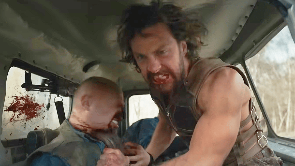 Kraven (Aaron-Taylor Johnson) bites the nose off of a poacher in Kraven the Hunter (2023), Sony Pictures