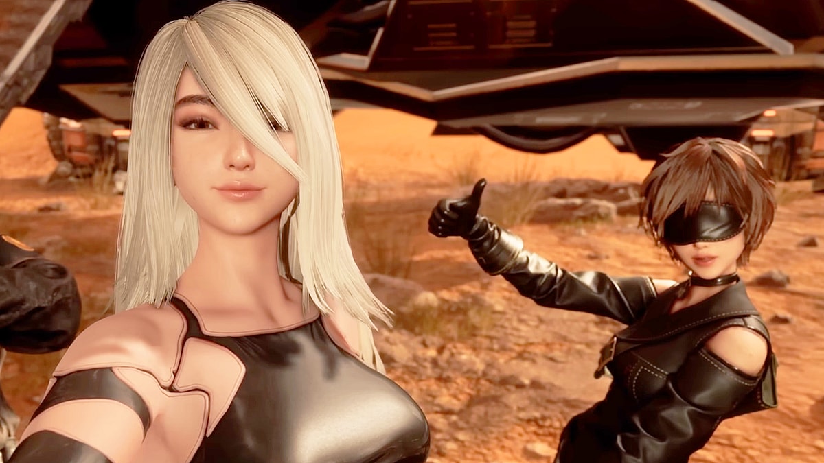 An enthusiastic Lily (Misato Matsuoka) draws attention to Eve's (Asami Seto) A2 outfit in Stellar Blade (2024), Shift Up