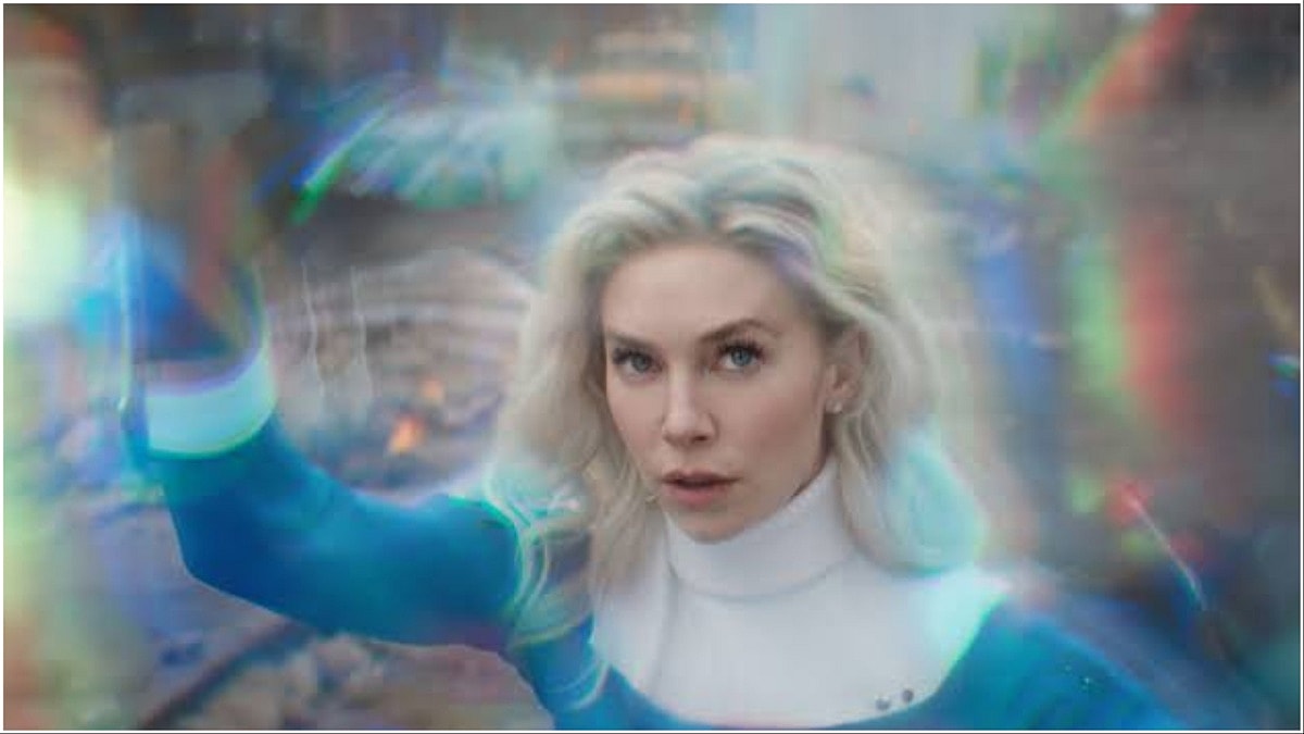 The Invisible Woman/Susan Storm ( Venessa Kirby) floating through a wave in The Fantastic Four: First Steps, 2025, Marvel Entertaiment 