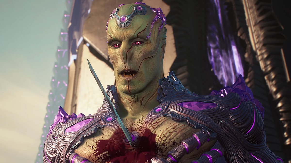 Brainiac (Jason Isaacs) meets his end at Deathstoke's (TBA) blade in Suicide Squad: Kill the Justice League (2024), Rocksteady Studios