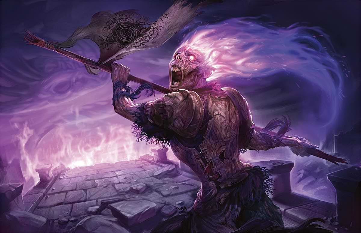 An undead Knight of the Rose, revived after a Death Dragon's Cataclysmic Breath, screams in fury in Dungeons & Dragons Dragonlance: Shadow of the Dragon Queen (2022), Wizards of the Coast