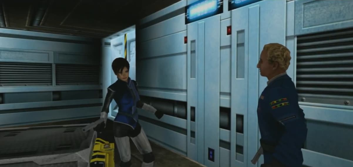 Joanna Dark (Eveline Fischer) and Jonathan Steinberg (Steve Malpass) bicker in Perfect Dark (2010), Microsoft Game Studios