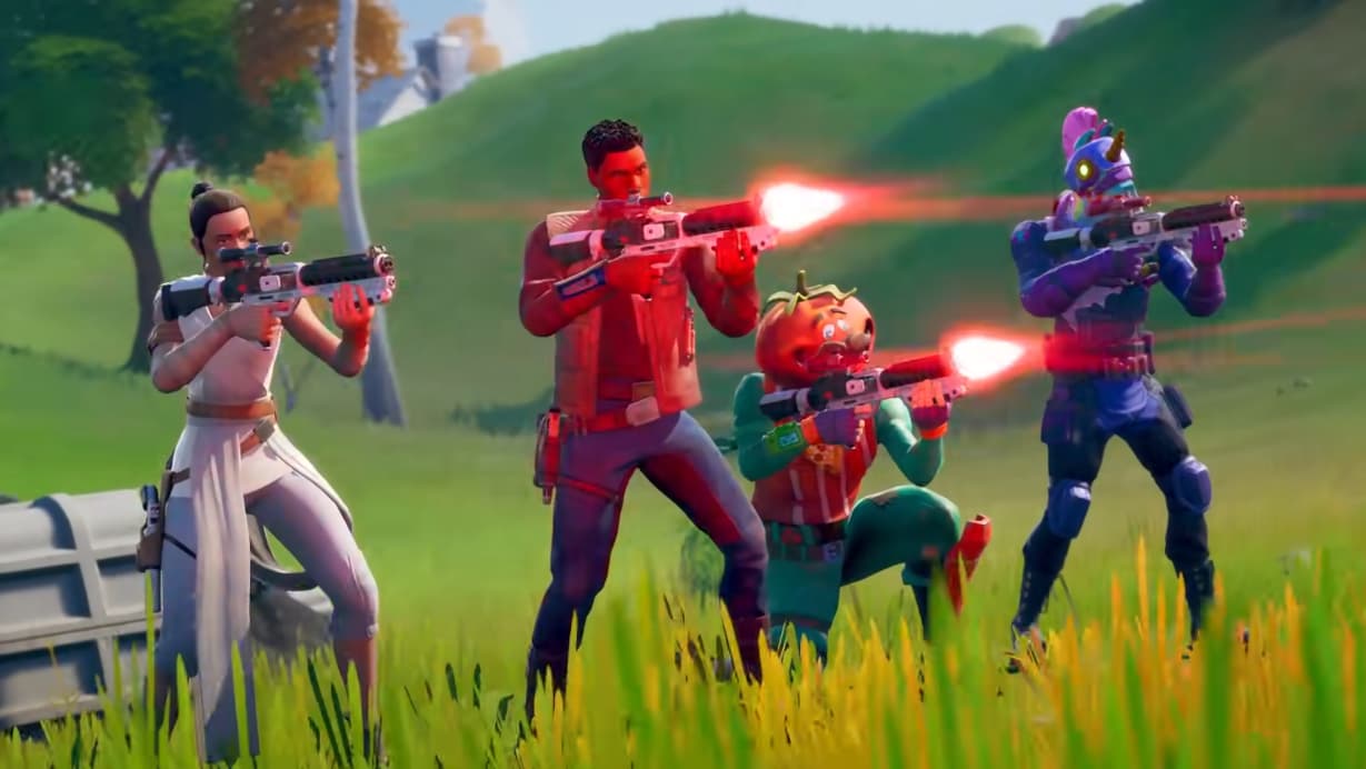 Rey, Finn, and some of Fortnite's regulars blast at Stormtroopers via Fortnite X Star Wars - Gameplay Trailer, Fortnite YouTube