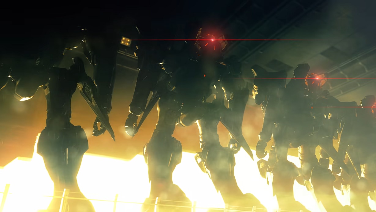 Four Armored Cores stand in a hangar, the light blinding through the door via Armored Core VI: Fires of Rubicon (2023), Bandai Namco Entertainment