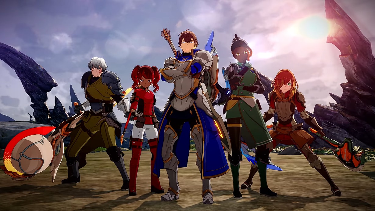 Each of the game's classes stand before a sunset, Foe Breaker, Spell Weaver, Blade Warden, Keen Strider, and Twin Striker via Blue Protocol (2023), Amazon Games
