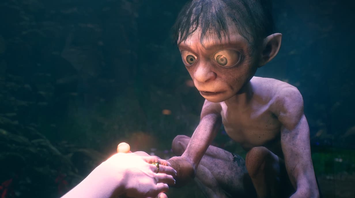Gollum is transfixed on a ring on an Elven woman's hand in The Lord of the Rings: Gollum (2023)