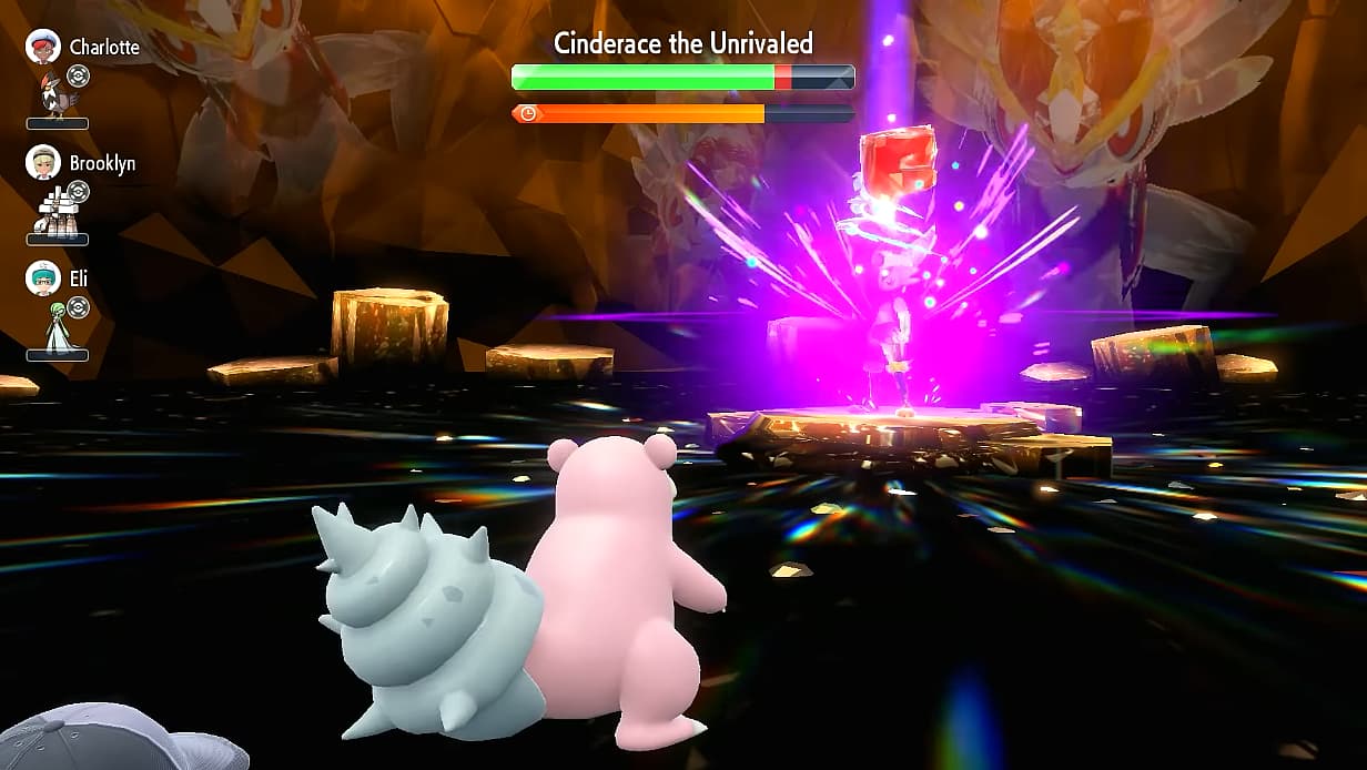 Slowbro uses Stored Power against Tera-Fighting Cinderace in Tera Raid Battle in Pokémon Scarlet &