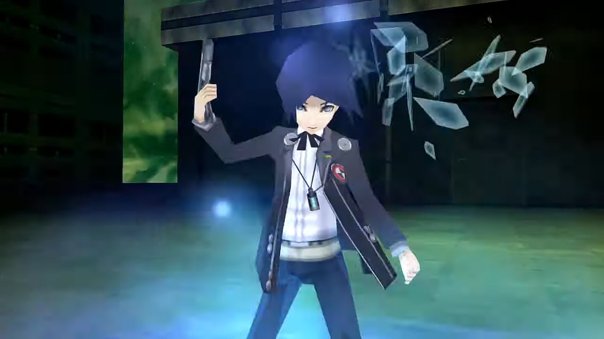 The male protagonist, Makoto Yuki, "shoots" himself in the head with an Evoker, causing glass-like shards to be ejected out of the other side via Persona 3 Portable (2023), Sega