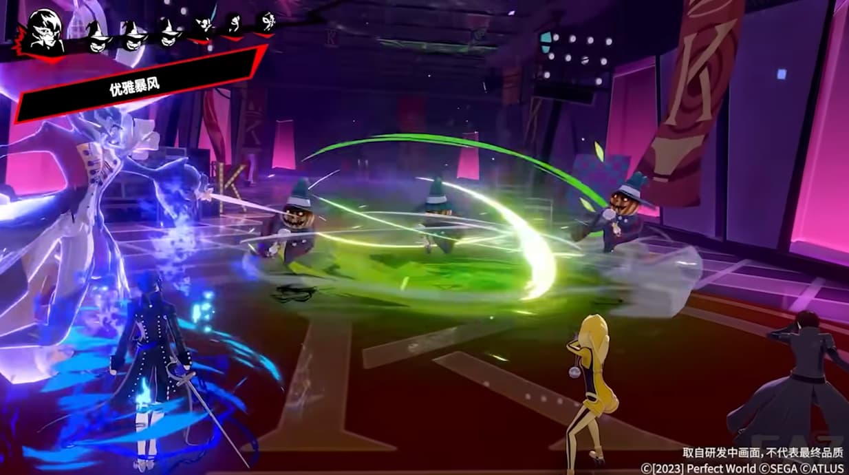 Pyro Jacks being blasted by the Magaru spell from Seiji Shiratori and his persona Leucothea via Persona 5: The Phantom X Gameplay Trailer