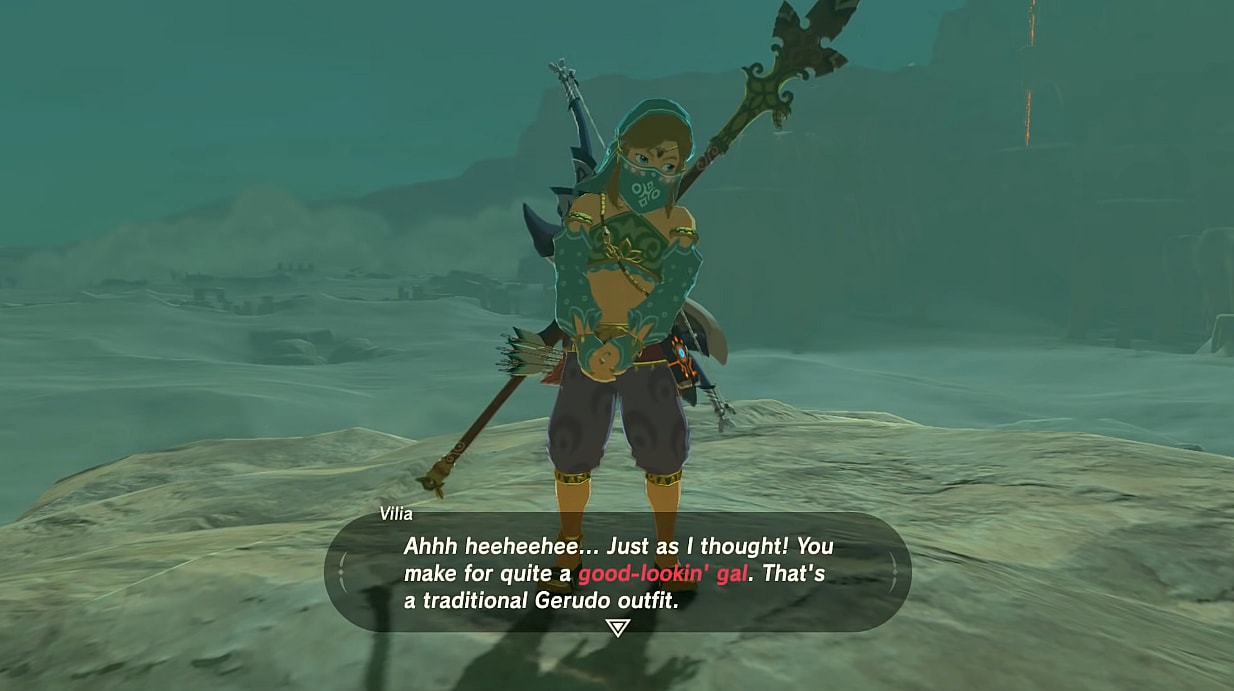 Link is embarrassed while wearing a Gerudo outfit and being praised by Vilia via The Legend of Zelda: Breath of the Wild (2017), Nintendo