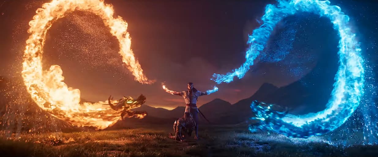 Liu-Kang strikes Shang Tsung with a Fatality summoning fiery dragons in Mortal Kombat 1 (2023)