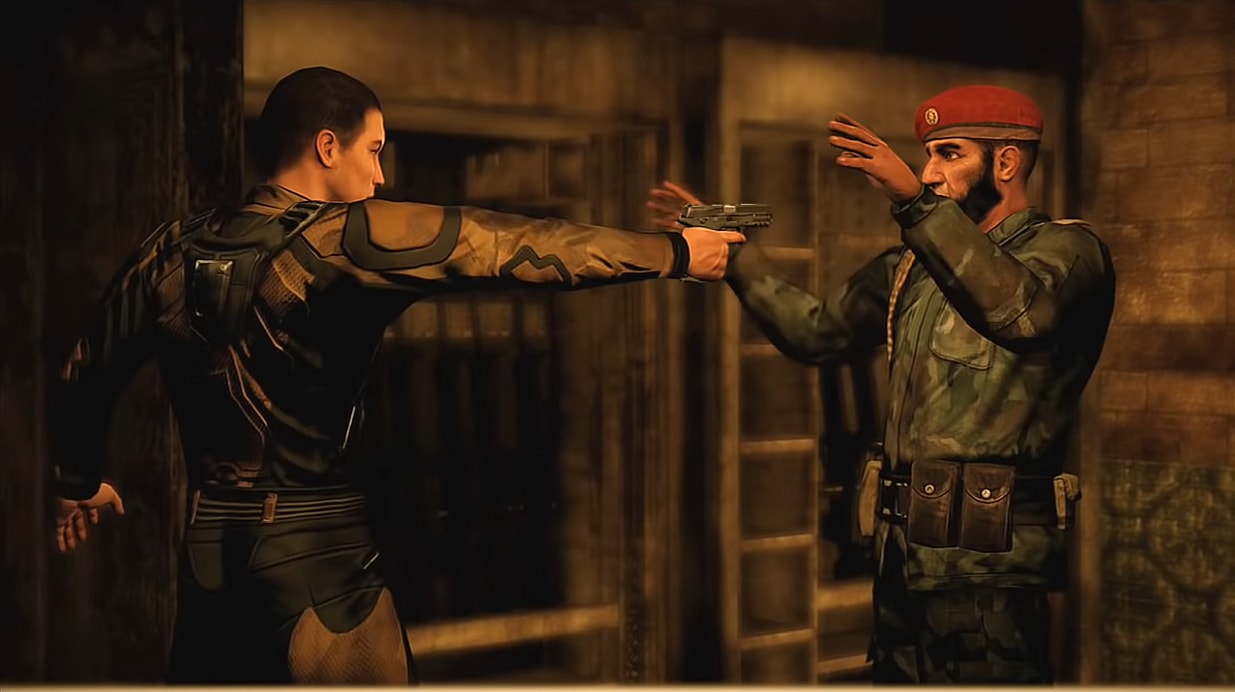 Michael Thorton points his gun at Omar Mohammed bin Nasri via Alpha Protocol (2010), Sega