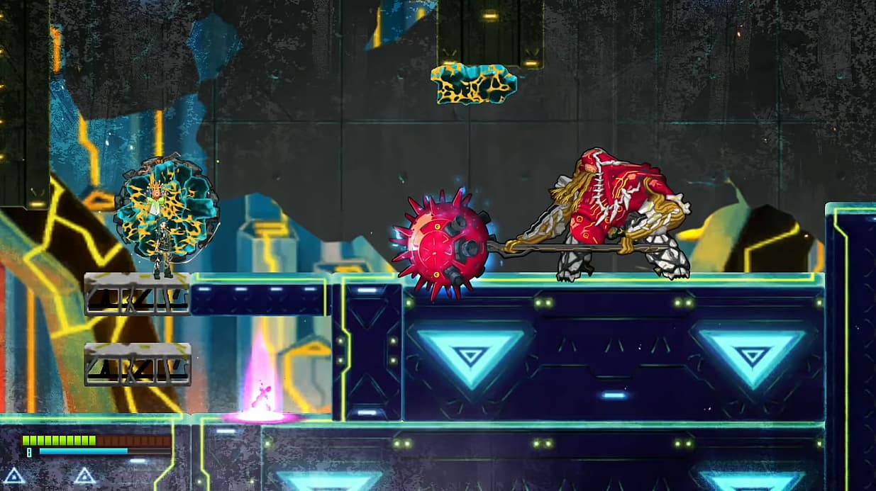 Reika pulls debris with ARCHE cybernetic arm, ready to fight Ajith in Giga Wrecker Alt. (2019)