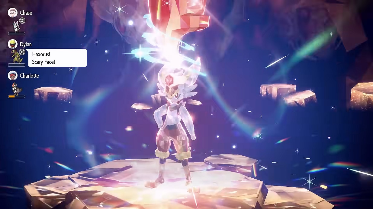 Cinderace stands ever-cocky and ready to battle, a Tera-Fighting Gem on its head, in a Tera Raid Battle via Pokémon Scarlet & Violet (2022), Nintendo