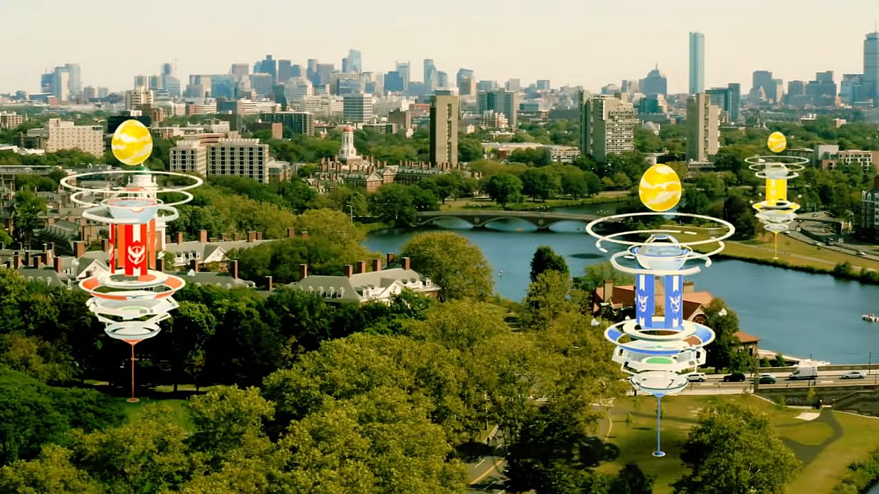 Three Gyms, each owned by a different team, with Raid Eggs above them in Kleavor makes its Pokémon GO debut!, Pokémon GO!, YouTube