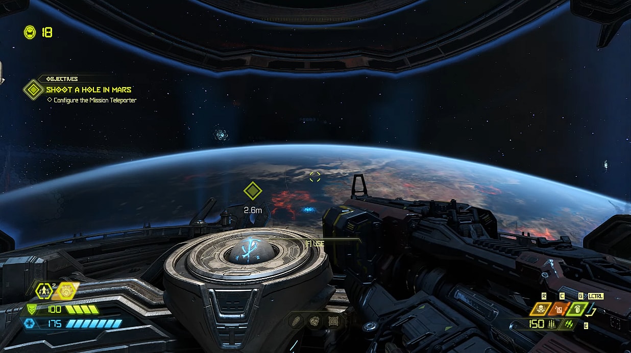 The Doomslayer, aboard the Fortress of Doom, receives a mission to shoot a hole in Mars via Doom Eternal (2020), Bethesda Softworks