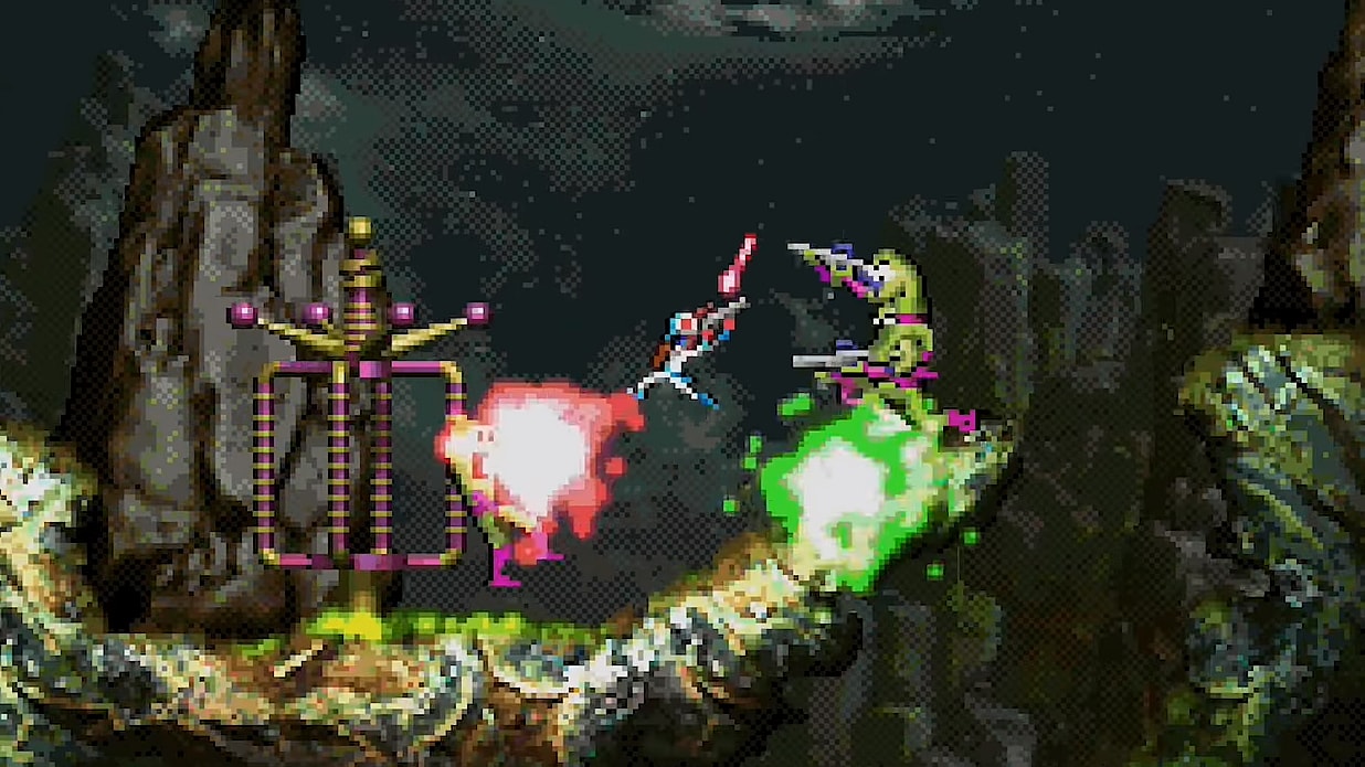 The player blasts a trio of aliens in Moons of Darsalon (2023), Dr. Kucho! Games, Astrolabe Games