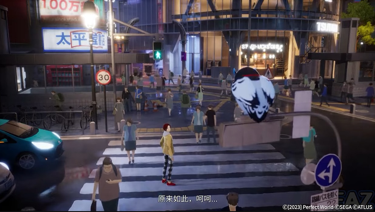 The protagonist, code named Wonder, looks back at the owl Luffy on the streets of Tokyo via Persona 5: The Phantom X Reveal Trailer, Faz YouTube