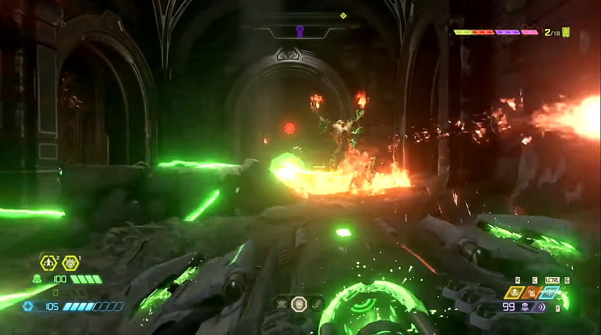The Doomslayer fires the BFG-9000 at an Arch-vile via Doom Eternal (2020), Bethesda Softworks