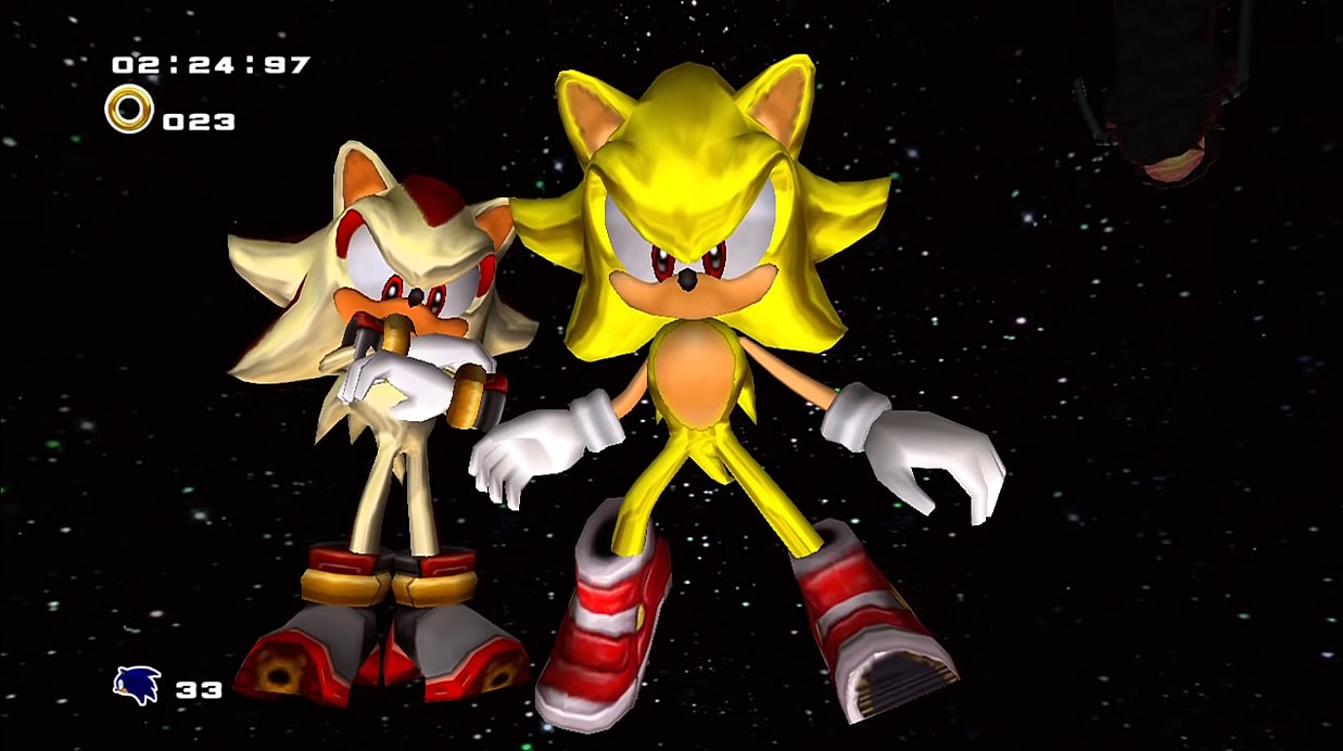 Super Sonic (Ryan Drummond) and Super Shadow (David Humphrey) after beating Final Hazard in Sonic Adventure 2: Battle (2002), Sega
