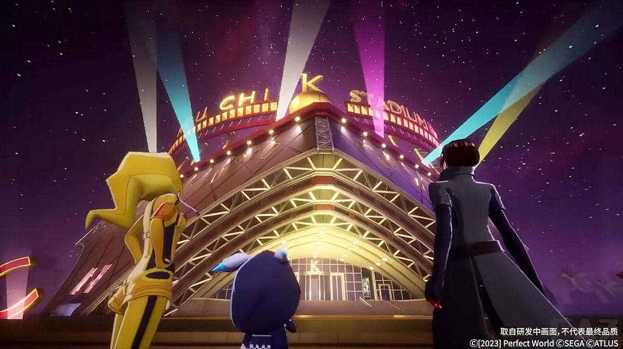 Arai Suwa (Closer), Luffy (Cattle), and the protagonist (Wonder) stand before a Palace via Persona 5: The Phantom X Gameplay Trailer