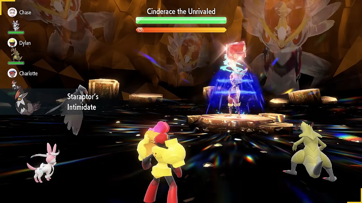 Staraptor's Ability Intimidate lowers a Tera-Fighting Cinderace' Attack in a Tera Raid Battle. A Sylveon, Armarouge, and Haxorus are its allies via Pokémon Scarlet & Violet (2022), Nintendo