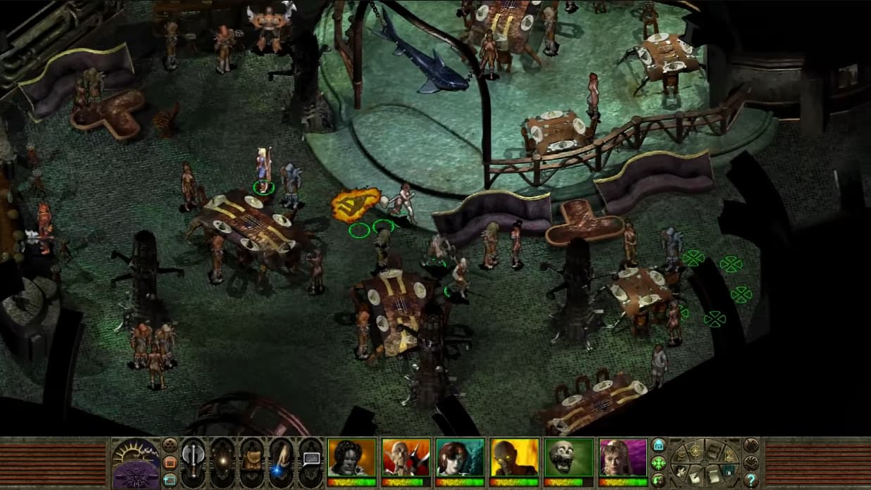 The Nameless One, Dak'kon, Annah, Ignus, Morte, and Fall-from-Grace walk through Traitor's Gate Tavern via Planescape: Torment: Enhanced Edition (2017), Beamdog