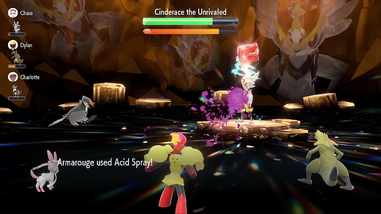 Armarouge uses Acid Spray against Tera-Fighting Cinderace in Pokémon Scarlet & Violet (2022)