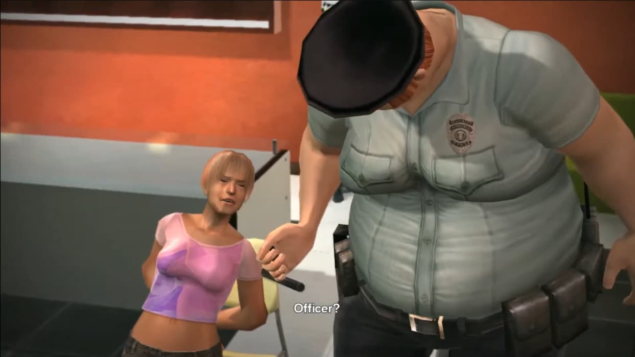Jo Slade (Carol Bach Y Rita) suggestively drags her nightstick over a hostage in Dead Rising (2006), Capcom