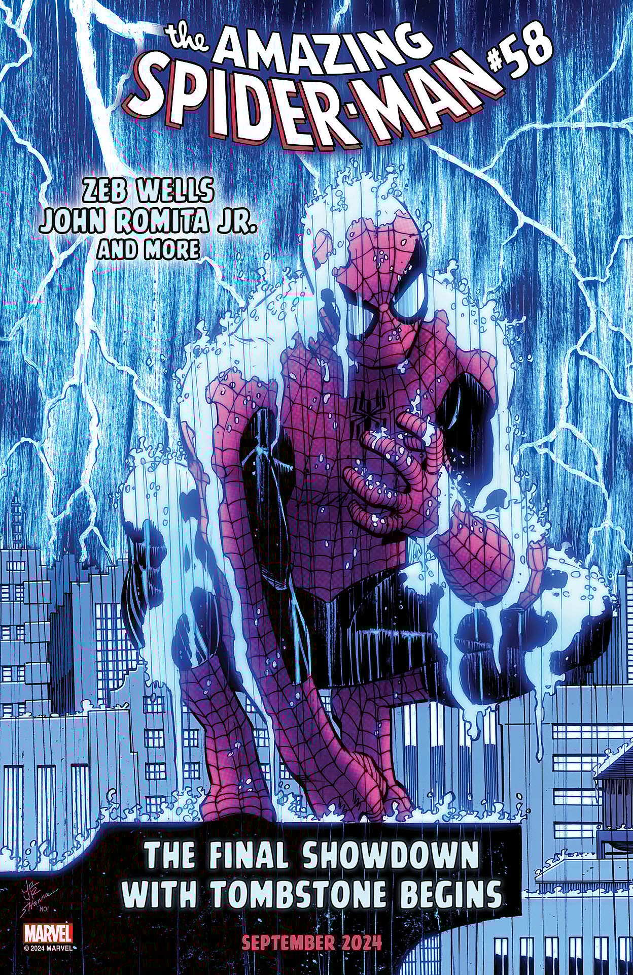 The web-head faces down a brawl with Tombstone on John Romita Jr.'s cover art to Amazing Spider-Man Vol. 6 #58 (2024), Marvel Comics