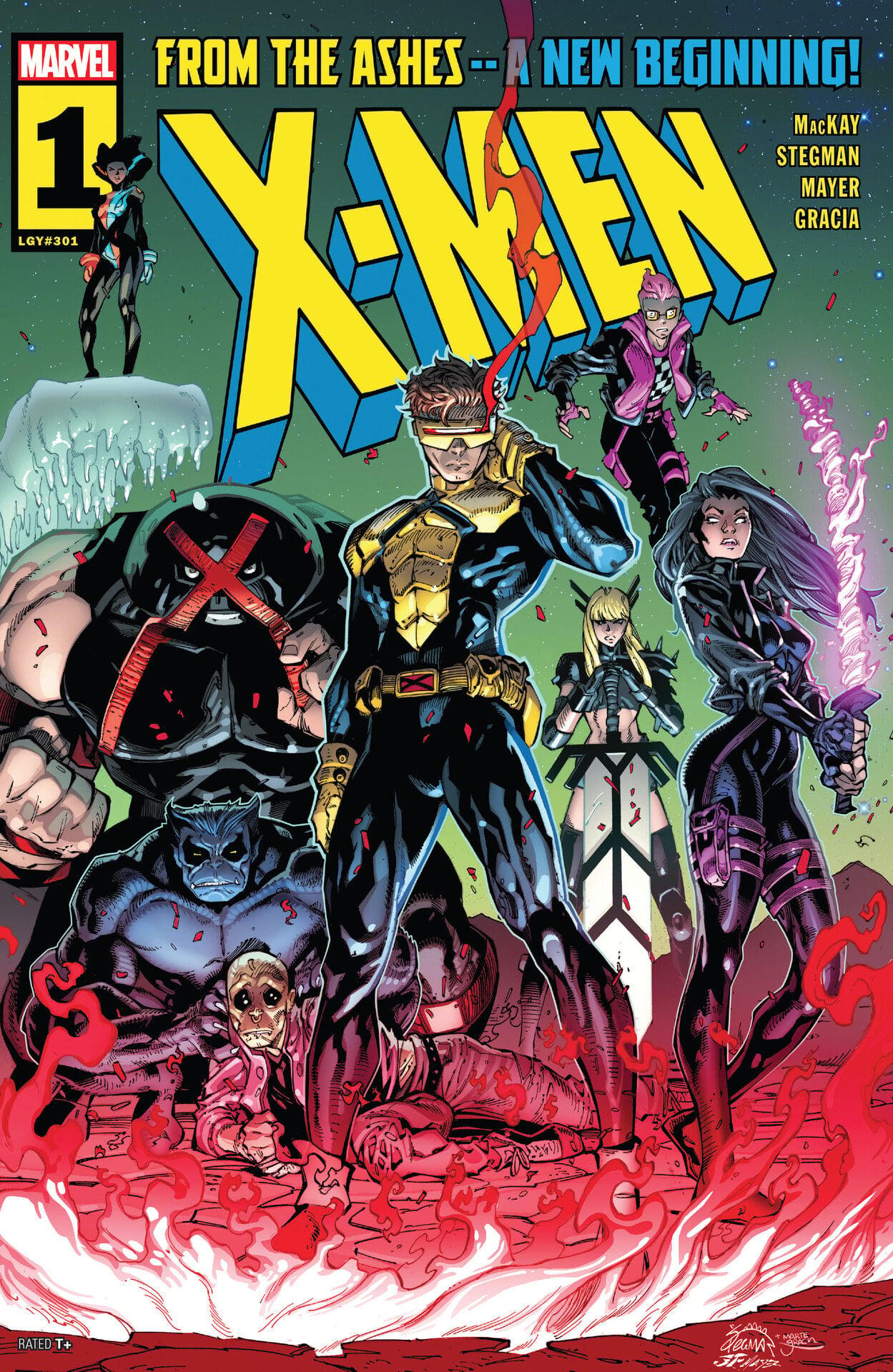 The X-Men rise from the ashes on Ryan Stegman's cover to X-Men Vol. 7 #1 "Fire-Baptized Species" (2024), Marvel Comics